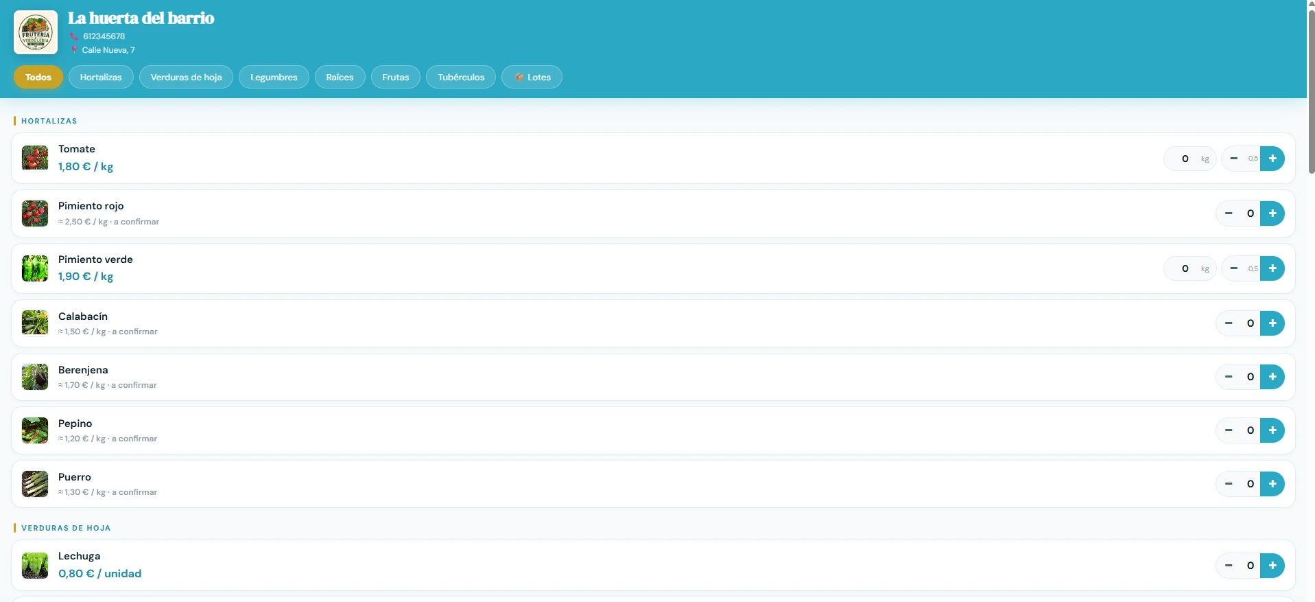 Tienda online de La huerta del barrio con catálogo de productos por categorías