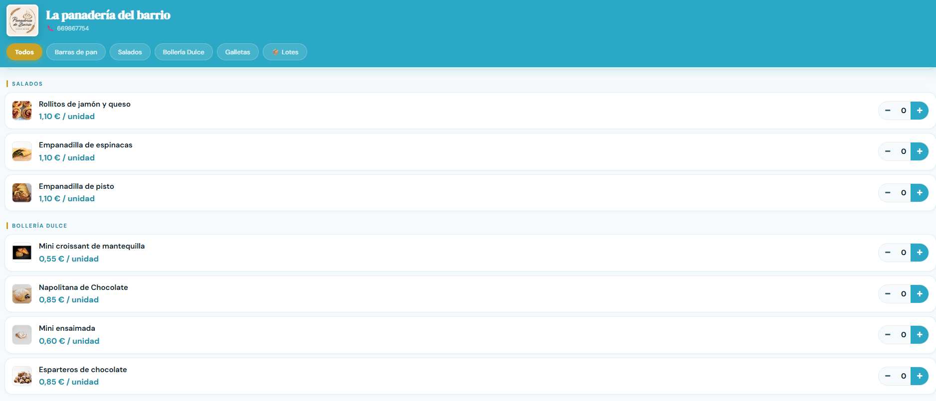 Tienda online — La tienda de panadería desde el móvil, con el catálogo por categorías.