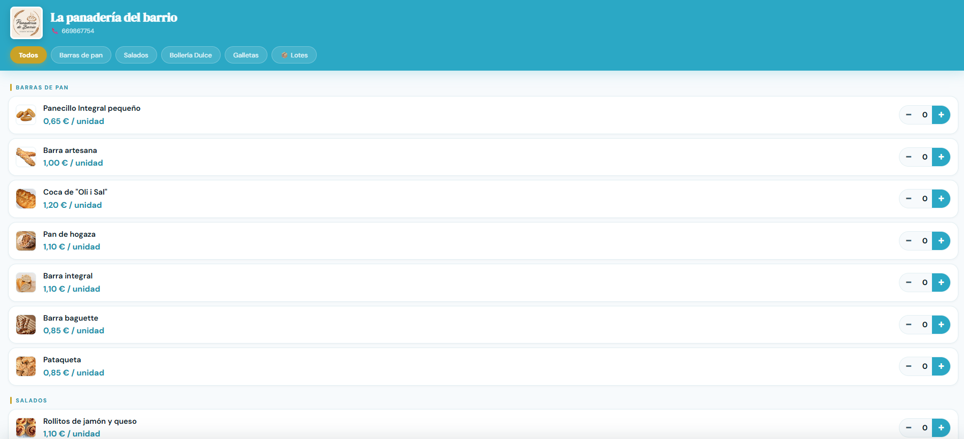 Tienda online de La panadería del barrio con catálogo de productos por categorías