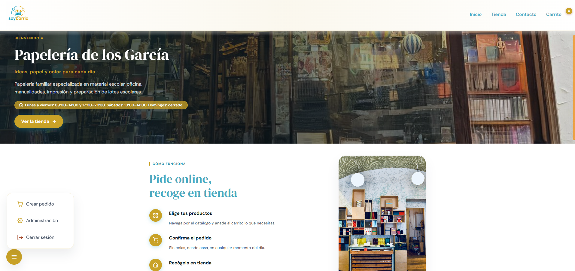 Página de inicio de Papelería de los García con acceso a la tienda online